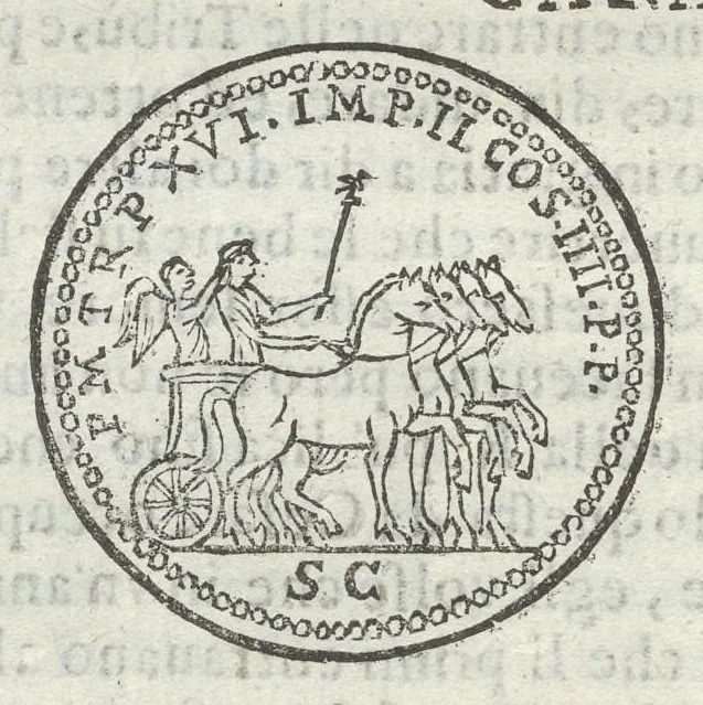 An illustration from Gli Arronzij, ouero, De' marmi antichi. Doue con la vita di Lucio Arronzio Stella e di Marco Arronzio Aquila padouani, si hà notizia delle antichità, riti, monete, medaglie, magistrati, e sacerdozj di Roma, di Padoua, dell'Italia, e dell'Imperio Romano, 1655, leaf 81