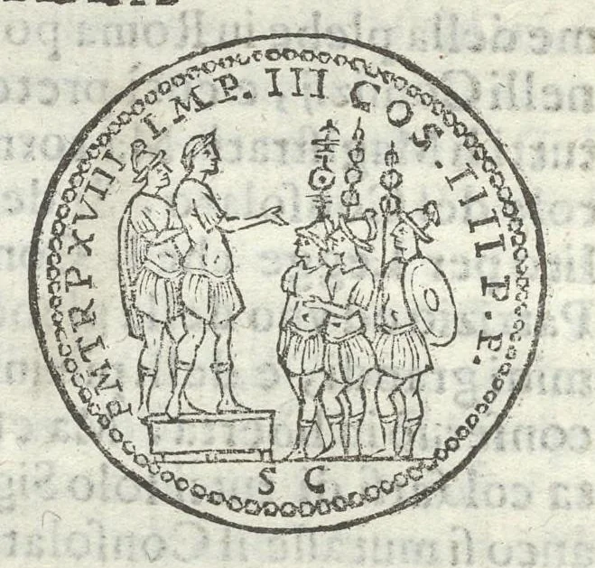 An illustration from Gli Arronzij, ouero, De' marmi antichi. Doue con la vita di Lucio Arronzio Stella e di Marco Arronzio Aquila padouani, si hà notizia delle antichità, riti, monete, medaglie, magistrati, e sacerdozj di Roma, di Padoua, dell'Italia, e dell'Imperio Romano, 1655, leaf 81