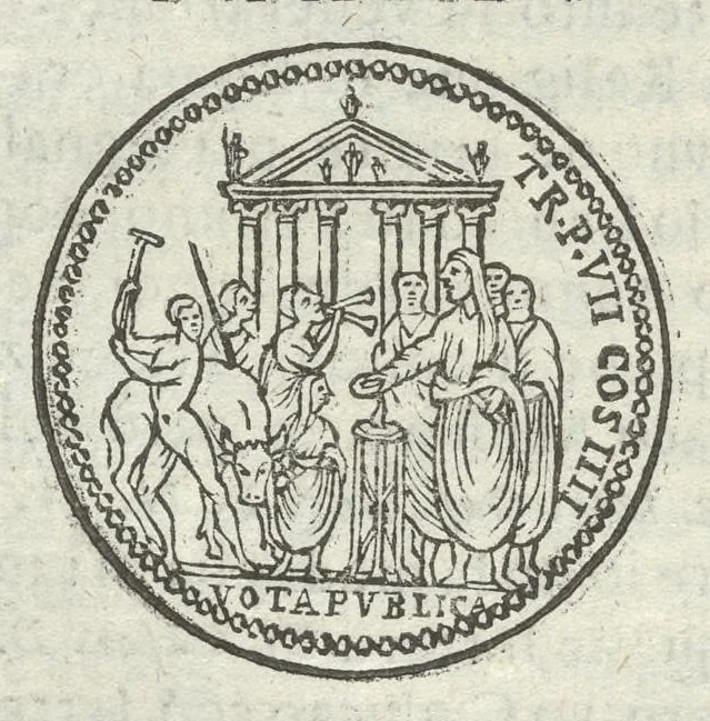 An illustration from Gli Arronzij, ouero, De' marmi antichi. Doue con la vita di Lucio Arronzio Stella e di Marco Arronzio Aquila padouani, si hà notizia delle antichità, riti, monete, medaglie, magistrati, e sacerdozj di Roma, di Padoua, dell'Italia, e dell'Imperio Romano, 1655, leaf 89