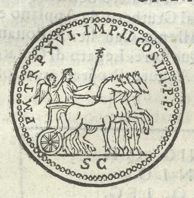 An illustration from Gli Arronzij, ouero, De' marmi antichi. Doue con la vita di Lucio Arronzio Stella e di Marco Arronzio Aquila padouani, si hà notizia delle antichità, riti, monete, medaglie, magistrati, e sacerdozj di Roma, di Padoua, dell'Italia, e dell'Imperio Romano, 1655, leaf 90