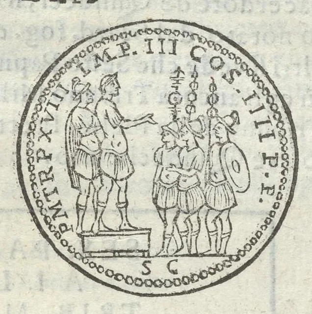 An illustration from Gli Arronzij, ouero, De' marmi antichi. Doue con la vita di Lucio Arronzio Stella e di Marco Arronzio Aquila padouani, si hà notizia delle antichità, riti, monete, medaglie, magistrati, e sacerdozj di Roma, di Padoua, dell'Italia, e dell'Imperio Romano, 1655, leaf 90