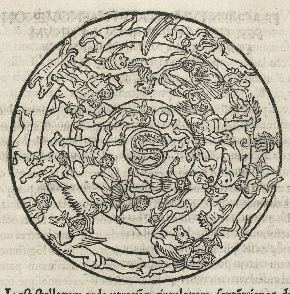 An illustration from Iulii Firmici Astronomicorum libri octo integri & emendati, ex Scythicis oris ad nos nuper allati. Marci Manilii Astronomicorum libri quinque. Arati Phaenomena Germanico Caesare interprete cum commentariis & imaginibus. Arati eiusdem Phaenomenon fragmentum Marco T.C. interprete. Arati eiusdem Phaenomena Ruffo Festo Auienio paraphraste. Arati Phaenomena graece. Theonis Commentaria copiosissima in Arati Phaenomena graece. Procli Diadochi Sphaera graece. Procli eiusdem Sphaera, Thoma Linacro Britanno interprete, 1503, leaf 492