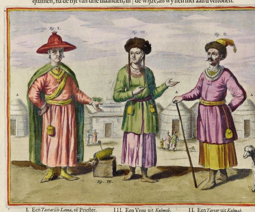 An illustration from Toonneel van China, door veel, zo geestelijke als weereltlijke geheugteekenen, verscheide vertoningen van de natuur en kunst, en blijken van veel andere gedenkwaerdige dingen, geopent en verheerlykt : nieuwelijks door d'E. Vader Athanasius Kircherus ... in't Latyn beschreven, en van J. H. Glazemaker vertaalt ; met een groot getal van kunstige kopere platen verçiert, 1668, leaf 117