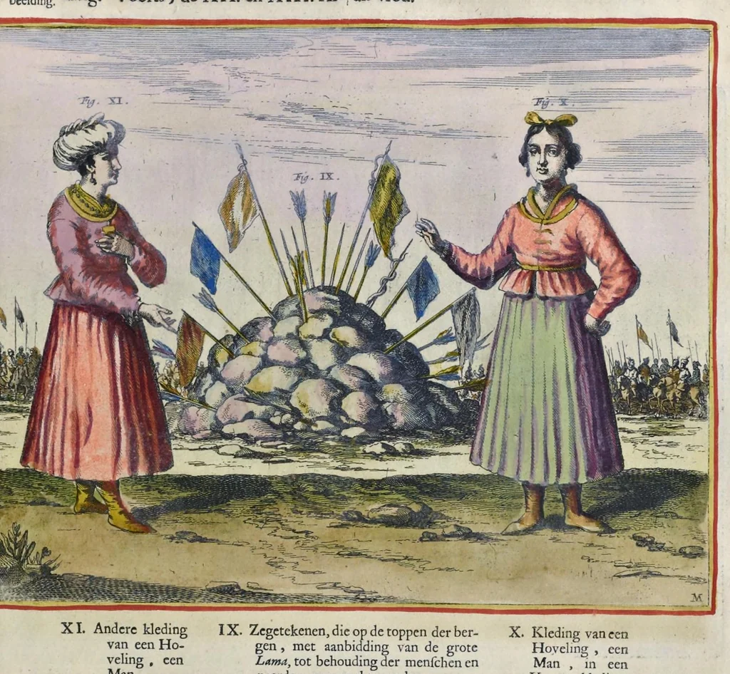 An illustration from Toonneel van China, door veel, zo geestelijke als weereltlijke geheugteekenen, verscheide vertoningen van de natuur en kunst, en blijken van veel andere gedenkwaerdige dingen, geopent en verheerlykt : nieuwelijks door d'E. Vader Athanasius Kircherus ... in't Latyn beschreven, en van J. H. Glazemaker vertaalt ; met een groot getal van kunstige kopere platen verçiert, 1668, leaf 120