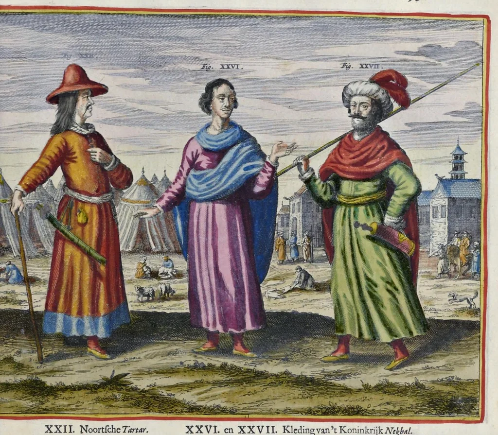 An illustration from Toonneel van China, door veel, zo geestelijke als weereltlijke geheugteekenen, verscheide vertoningen van de natuur en kunst, en blijken van veel andere gedenkwaerdige dingen, geopent en verheerlykt : nieuwelijks door d'E. Vader Athanasius Kircherus ... in't Latyn beschreven, en van J. H. Glazemaker vertaalt ; met een groot getal van kunstige kopere platen verçiert, 1668, leaf 128