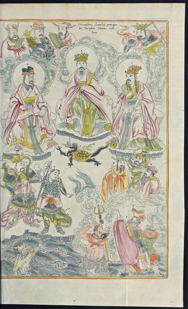 An illustration from Toonneel van China, door veel, zo geestelijke als weereltlijke geheugteekenen, verscheide vertoningen van de natuur en kunst, en blijken van veel andere gedenkwaerdige dingen, geopent en verheerlykt : nieuwelijks door d'E. Vader Athanasius Kircherus ... in't Latyn beschreven, en van J. H. Glazemaker vertaalt ; met een groot getal van kunstige kopere platen verçiert, 1668, leaf 222
