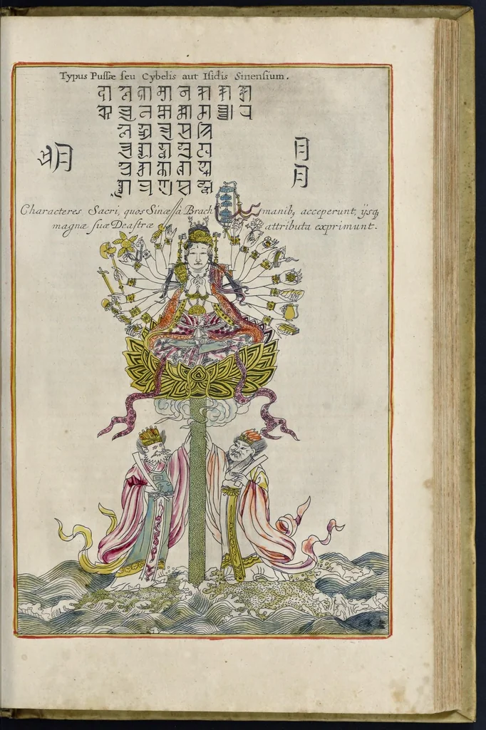An illustration from Toonneel van China, door veel, zo geestelijke als weereltlijke geheugteekenen, verscheide vertoningen van de natuur en kunst, en blijken van veel andere gedenkwaerdige dingen, geopent en verheerlykt : nieuwelijks door d'E. Vader Athanasius Kircherus ... in't Latyn beschreven, en van J. H. Glazemaker vertaalt ; met een groot getal van kunstige kopere platen verçiert, 1668, leaf 228