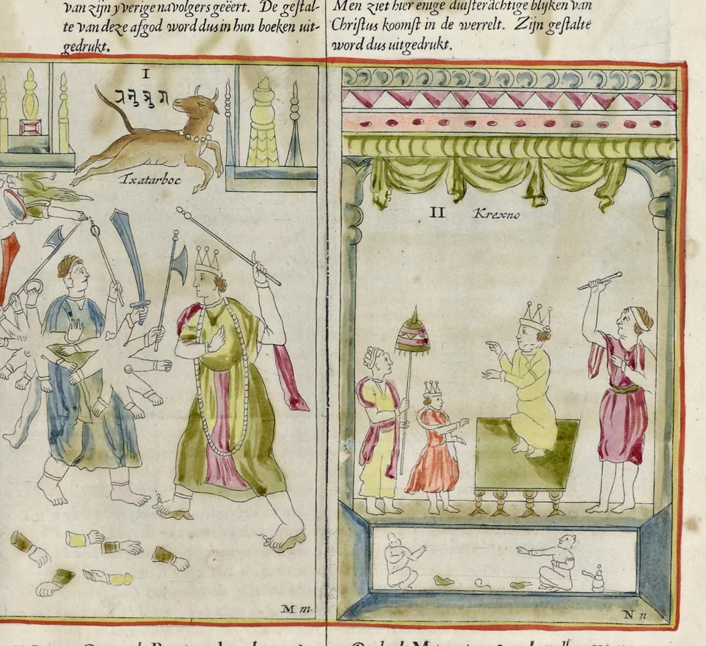 An illustration from Toonneel van China, door veel, zo geestelijke als weereltlijke geheugteekenen, verscheide vertoningen van de natuur en kunst, en blijken van veel andere gedenkwaerdige dingen, geopent en verheerlykt : nieuwelijks door d'E. Vader Athanasius Kircherus ... in't Latyn beschreven, en van J. H. Glazemaker vertaalt ; met een groot getal van kunstige kopere platen verçiert, 1668, leaf 252
