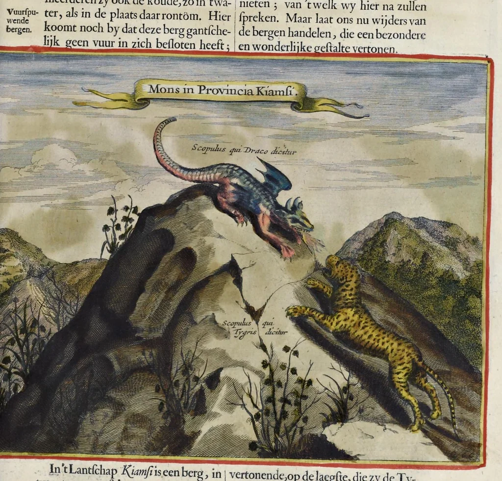 An illustration from Toonneel van China, door veel, zo geestelijke als weereltlijke geheugteekenen, verscheide vertoningen van de natuur en kunst, en blijken van veel andere gedenkwaerdige dingen, geopent en verheerlykt : nieuwelijks door d'E. Vader Athanasius Kircherus ... in't Latyn beschreven, en van J. H. Glazemaker vertaalt ; met een groot getal van kunstige kopere platen verçiert, 1668, leaf 276