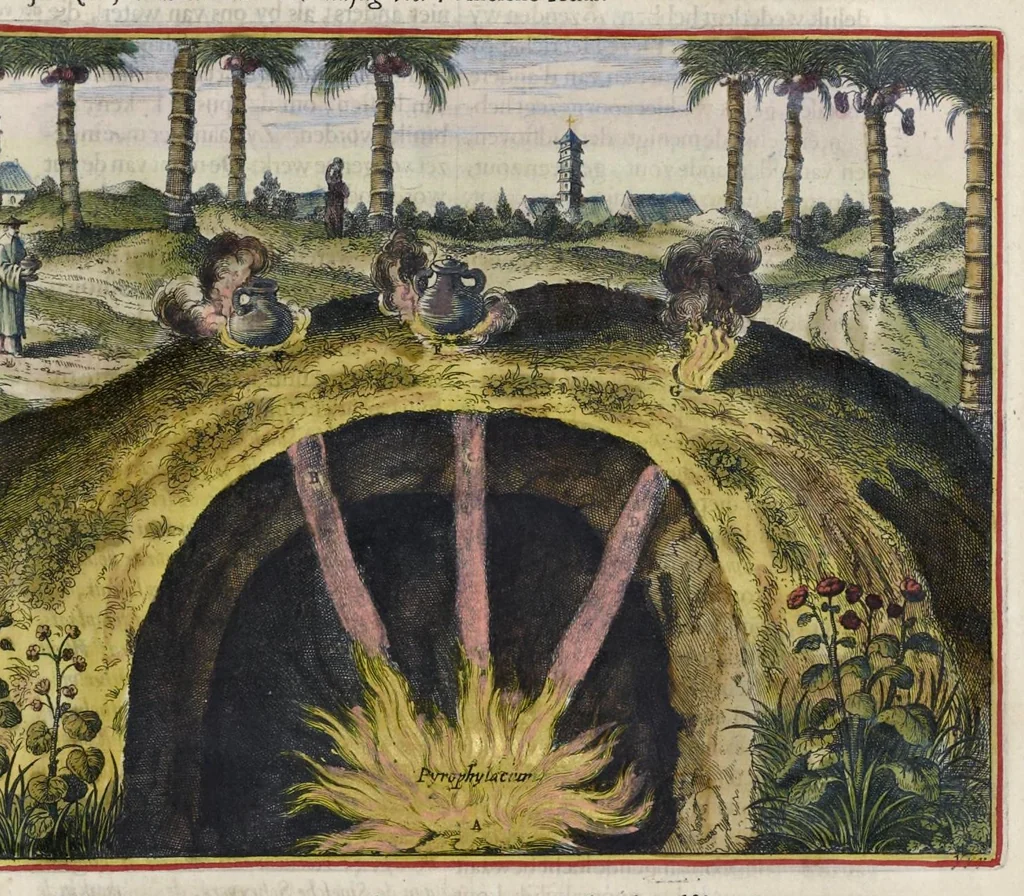 An illustration from Toonneel van China, door veel, zo geestelijke als weereltlijke geheugteekenen, verscheide vertoningen van de natuur en kunst, en blijken van veel andere gedenkwaerdige dingen, geopent en verheerlykt : nieuwelijks door d'E. Vader Athanasius Kircherus ... in't Latyn beschreven, en van J. H. Glazemaker vertaalt ; met een groot getal van kunstige kopere platen verçiert, 1668, leaf 324