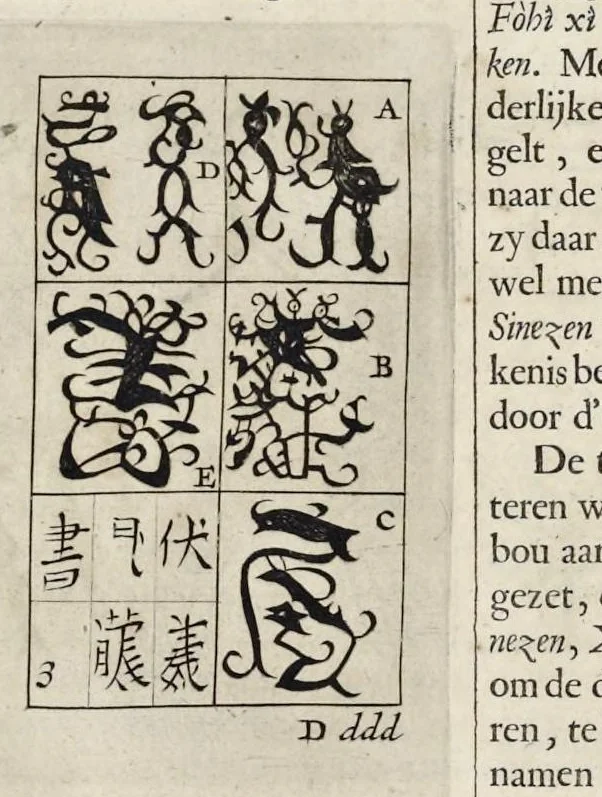 An illustration from Toonneel van China, door veel, zo geestelijke als weereltlijke geheugteekenen, verscheide vertoningen van de natuur en kunst, en blijken van veel andere gedenkwaerdige dingen, geopent en verheerlykt : nieuwelijks door d'E. Vader Athanasius Kircherus ... in't Latyn beschreven, en van J. H. Glazemaker vertaalt ; met een groot getal van kunstige kopere platen verçiert, 1668, leaf 347