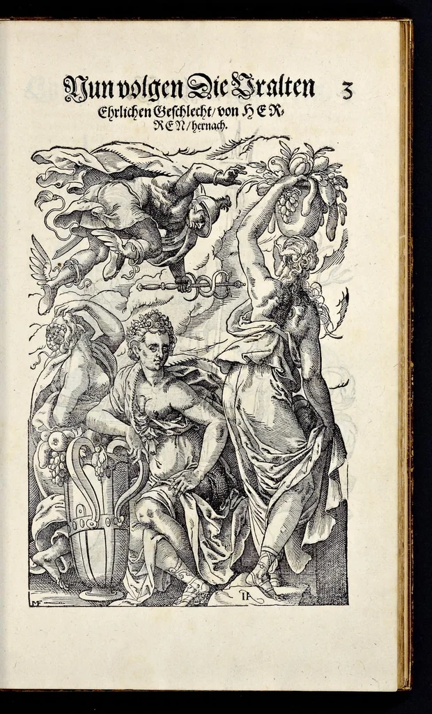 An illustration from Geschlechter Buch : darinn der loblichen kaiserlichẽ Reichs Statt Augspurg so vor fünffhundert vnd mehr Jaren hero, daselbst gewonet, vnd biss auff acht abgestorben auch deren so an der abgestorbnen stat eingenom̃en vnd erhöhet worden seyn : dessgleichen mit was Personen die Röm. Key. May. [et]c. am dritten Augusti im M.D.XLVIIII. Jare ain new Regiment von Raht vnd Gericht auch alle Empter besetzt hat : sampt aines jeden Geschlechts Wapen, Zeichen, Schilt vnd Helm, auch Ankunfft vnd Herkommen : alles mit künstlichen Figuren angezeigt, vnd allen Kunstliebhabern jetzt widerumb an Tag gegeben, 1580, leaf 10