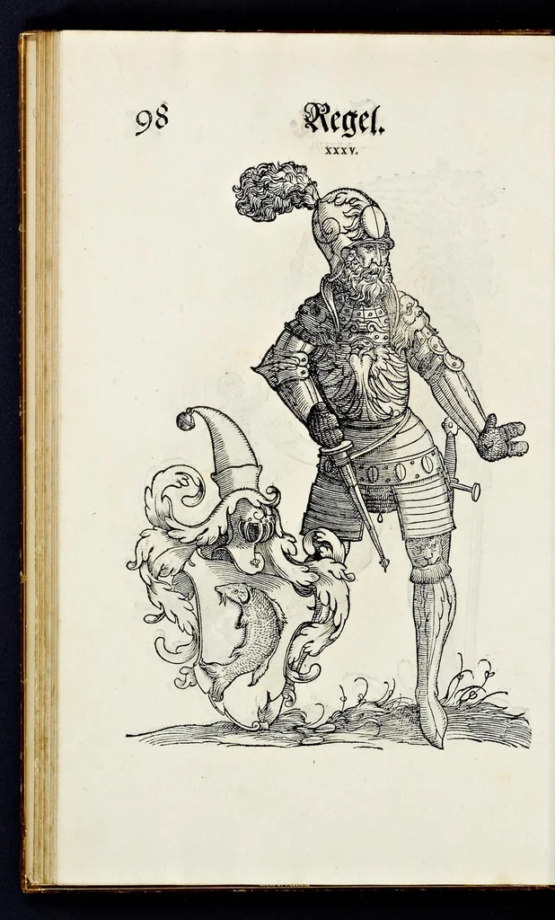 An illustration from Geschlechter Buch : darinn der loblichen kaiserlichẽ Reichs Statt Augspurg so vor fünffhundert vnd mehr Jaren hero, daselbst gewonet, vnd biss auff acht abgestorben auch deren so an der abgestorbnen stat eingenom̃en vnd erhöhet worden seyn : dessgleichen mit was Personen die Röm. Key. May. [et]c. am dritten Augusti im M.D.XLVIIII. Jare ain new Regiment von Raht vnd Gericht auch alle Empter besetzt hat : sampt aines jeden Geschlechts Wapen, Zeichen, Schilt vnd Helm, auch Ankunfft vnd Herkommen : alles mit künstlichen Figuren angezeigt, vnd allen Kunstliebhabern jetzt widerumb an Tag gegeben, 1580, leaf 103