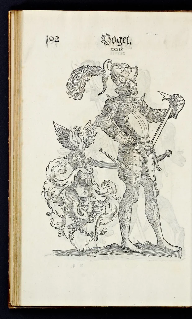 An illustration from Geschlechter Buch : darinn der loblichen kaiserlichẽ Reichs Statt Augspurg so vor fünffhundert vnd mehr Jaren hero, daselbst gewonet, vnd biss auff acht abgestorben auch deren so an der abgestorbnen stat eingenom̃en vnd erhöhet worden seyn : dessgleichen mit was Personen die Röm. Key. May. [et]c. am dritten Augusti im M.D.XLVIIII. Jare ain new Regiment von Raht vnd Gericht auch alle Empter besetzt hat : sampt aines jeden Geschlechts Wapen, Zeichen, Schilt vnd Helm, auch Ankunfft vnd Herkommen : alles mit künstlichen Figuren angezeigt, vnd allen Kunstliebhabern jetzt widerumb an Tag gegeben, 1580, leaf 107