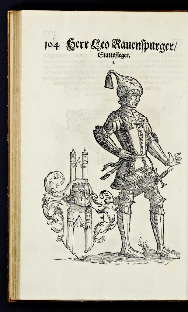 An illustration from Geschlechter Buch : darinn der loblichen kaiserlichẽ Reichs Statt Augspurg so vor fünffhundert vnd mehr Jaren hero, daselbst gewonet, vnd biss auff acht abgestorben auch deren so an der abgestorbnen stat eingenom̃en vnd erhöhet worden seyn : dessgleichen mit was Personen die Röm. Key. May. [et]c. am dritten Augusti im M.D.XLVIIII. Jare ain new Regiment von Raht vnd Gericht auch alle Empter besetzt hat : sampt aines jeden Geschlechts Wapen, Zeichen, Schilt vnd Helm, auch Ankunfft vnd Herkommen : alles mit künstlichen Figuren angezeigt, vnd allen Kunstliebhabern jetzt widerumb an Tag gegeben, 1580, leaf 109