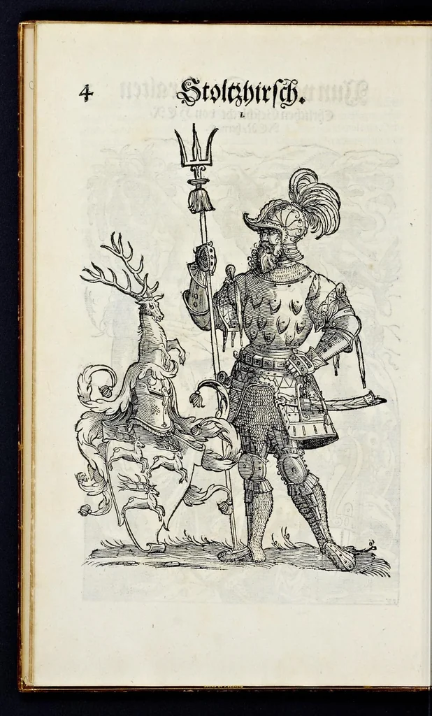An illustration from Geschlechter Buch : darinn der loblichen kaiserlichẽ Reichs Statt Augspurg so vor fünffhundert vnd mehr Jaren hero, daselbst gewonet, vnd biss auff acht abgestorben auch deren so an der abgestorbnen stat eingenom̃en vnd erhöhet worden seyn : dessgleichen mit was Personen die Röm. Key. May. [et]c. am dritten Augusti im M.D.XLVIIII. Jare ain new Regiment von Raht vnd Gericht auch alle Empter besetzt hat : sampt aines jeden Geschlechts Wapen, Zeichen, Schilt vnd Helm, auch Ankunfft vnd Herkommen : alles mit künstlichen Figuren angezeigt, vnd allen Kunstliebhabern jetzt widerumb an Tag gegeben, 1580, leaf 11