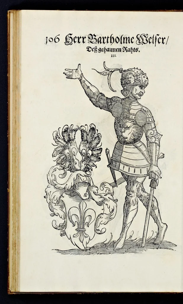 An illustration from Geschlechter Buch : darinn der loblichen kaiserlichẽ Reichs Statt Augspurg so vor fünffhundert vnd mehr Jaren hero, daselbst gewonet, vnd biss auff acht abgestorben auch deren so an der abgestorbnen stat eingenom̃en vnd erhöhet worden seyn : dessgleichen mit was Personen die Röm. Key. May. [et]c. am dritten Augusti im M.D.XLVIIII. Jare ain new Regiment von Raht vnd Gericht auch alle Empter besetzt hat : sampt aines jeden Geschlechts Wapen, Zeichen, Schilt vnd Helm, auch Ankunfft vnd Herkommen : alles mit künstlichen Figuren angezeigt, vnd allen Kunstliebhabern jetzt widerumb an Tag gegeben, 1580, leaf 111