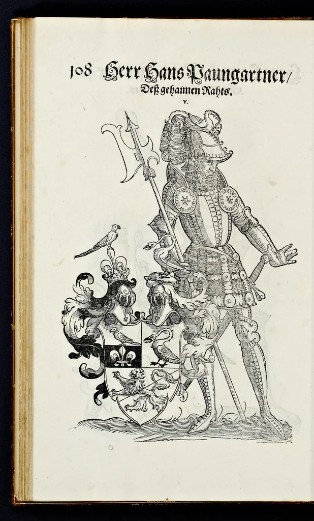 An illustration from Geschlechter Buch : darinn der loblichen kaiserlichẽ Reichs Statt Augspurg so vor fünffhundert vnd mehr Jaren hero, daselbst gewonet, vnd biss auff acht abgestorben auch deren so an der abgestorbnen stat eingenom̃en vnd erhöhet worden seyn : dessgleichen mit was Personen die Röm. Key. May. [et]c. am dritten Augusti im M.D.XLVIIII. Jare ain new Regiment von Raht vnd Gericht auch alle Empter besetzt hat : sampt aines jeden Geschlechts Wapen, Zeichen, Schilt vnd Helm, auch Ankunfft vnd Herkommen : alles mit künstlichen Figuren angezeigt, vnd allen Kunstliebhabern jetzt widerumb an Tag gegeben, 1580, leaf 113