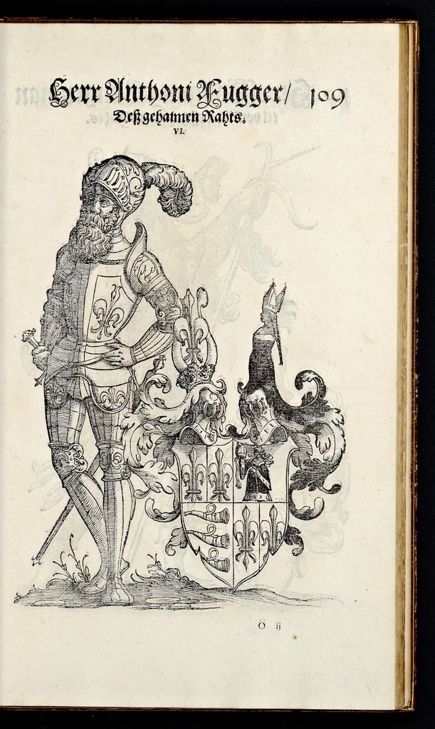 An illustration from Geschlechter Buch : darinn der loblichen kaiserlichẽ Reichs Statt Augspurg so vor fünffhundert vnd mehr Jaren hero, daselbst gewonet, vnd biss auff acht abgestorben auch deren so an der abgestorbnen stat eingenom̃en vnd erhöhet worden seyn : dessgleichen mit was Personen die Röm. Key. May. [et]c. am dritten Augusti im M.D.XLVIIII. Jare ain new Regiment von Raht vnd Gericht auch alle Empter besetzt hat : sampt aines jeden Geschlechts Wapen, Zeichen, Schilt vnd Helm, auch Ankunfft vnd Herkommen : alles mit künstlichen Figuren angezeigt, vnd allen Kunstliebhabern jetzt widerumb an Tag gegeben, 1580, leaf 114