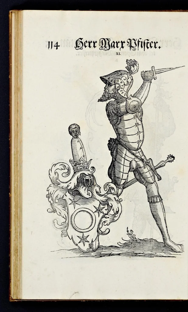 An illustration from Geschlechter Buch : darinn der loblichen kaiserlichẽ Reichs Statt Augspurg so vor fünffhundert vnd mehr Jaren hero, daselbst gewonet, vnd biss auff acht abgestorben auch deren so an der abgestorbnen stat eingenom̃en vnd erhöhet worden seyn : dessgleichen mit was Personen die Röm. Key. May. [et]c. am dritten Augusti im M.D.XLVIIII. Jare ain new Regiment von Raht vnd Gericht auch alle Empter besetzt hat : sampt aines jeden Geschlechts Wapen, Zeichen, Schilt vnd Helm, auch Ankunfft vnd Herkommen : alles mit künstlichen Figuren angezeigt, vnd allen Kunstliebhabern jetzt widerumb an Tag gegeben, 1580, leaf 119