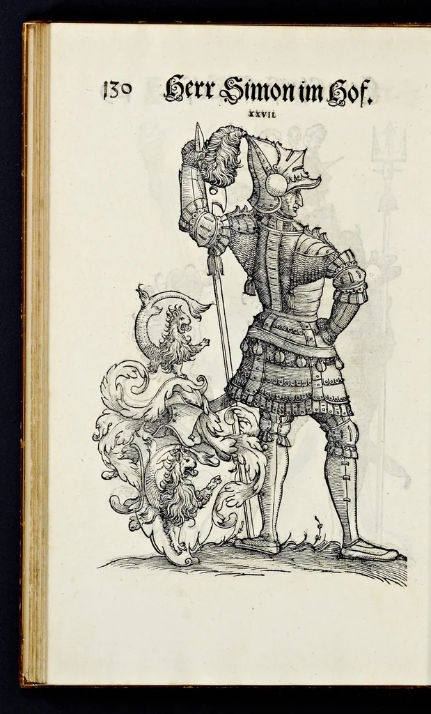 An illustration from Geschlechter Buch : darinn der loblichen kaiserlichẽ Reichs Statt Augspurg so vor fünffhundert vnd mehr Jaren hero, daselbst gewonet, vnd biss auff acht abgestorben auch deren so an der abgestorbnen stat eingenom̃en vnd erhöhet worden seyn : dessgleichen mit was Personen die Röm. Key. May. [et]c. am dritten Augusti im M.D.XLVIIII. Jare ain new Regiment von Raht vnd Gericht auch alle Empter besetzt hat : sampt aines jeden Geschlechts Wapen, Zeichen, Schilt vnd Helm, auch Ankunfft vnd Herkommen : alles mit künstlichen Figuren angezeigt, vnd allen Kunstliebhabern jetzt widerumb an Tag gegeben, 1580, leaf 135