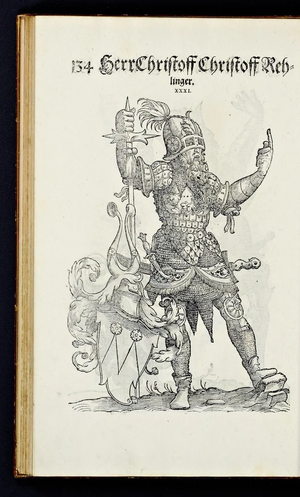An illustration from Geschlechter Buch : darinn der loblichen kaiserlichẽ Reichs Statt Augspurg so vor fünffhundert vnd mehr Jaren hero, daselbst gewonet, vnd biss auff acht abgestorben auch deren so an der abgestorbnen stat eingenom̃en vnd erhöhet worden seyn : dessgleichen mit was Personen die Röm. Key. May. [et]c. am dritten Augusti im M.D.XLVIIII. Jare ain new Regiment von Raht vnd Gericht auch alle Empter besetzt hat : sampt aines jeden Geschlechts Wapen, Zeichen, Schilt vnd Helm, auch Ankunfft vnd Herkommen : alles mit künstlichen Figuren angezeigt, vnd allen Kunstliebhabern jetzt widerumb an Tag gegeben, 1580, leaf 139