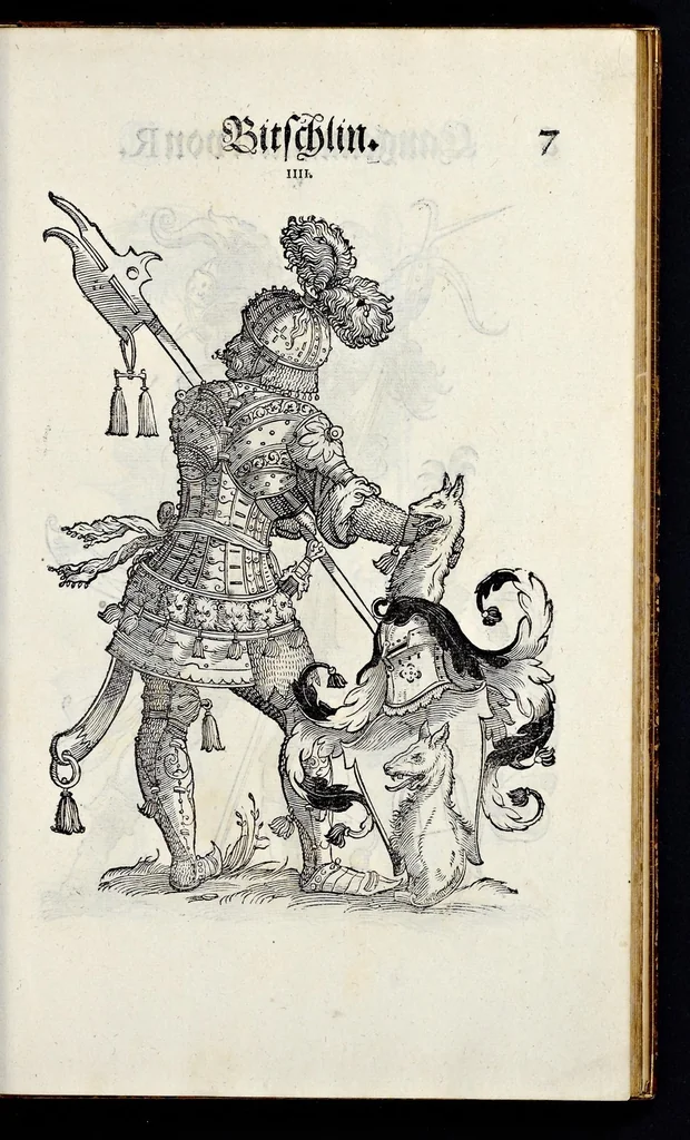 An illustration from Geschlechter Buch : darinn der loblichen kaiserlichẽ Reichs Statt Augspurg so vor fünffhundert vnd mehr Jaren hero, daselbst gewonet, vnd biss auff acht abgestorben auch deren so an der abgestorbnen stat eingenom̃en vnd erhöhet worden seyn : dessgleichen mit was Personen die Röm. Key. May. [et]c. am dritten Augusti im M.D.XLVIIII. Jare ain new Regiment von Raht vnd Gericht auch alle Empter besetzt hat : sampt aines jeden Geschlechts Wapen, Zeichen, Schilt vnd Helm, auch Ankunfft vnd Herkommen : alles mit künstlichen Figuren angezeigt, vnd allen Kunstliebhabern jetzt widerumb an Tag gegeben, 1580, leaf 14