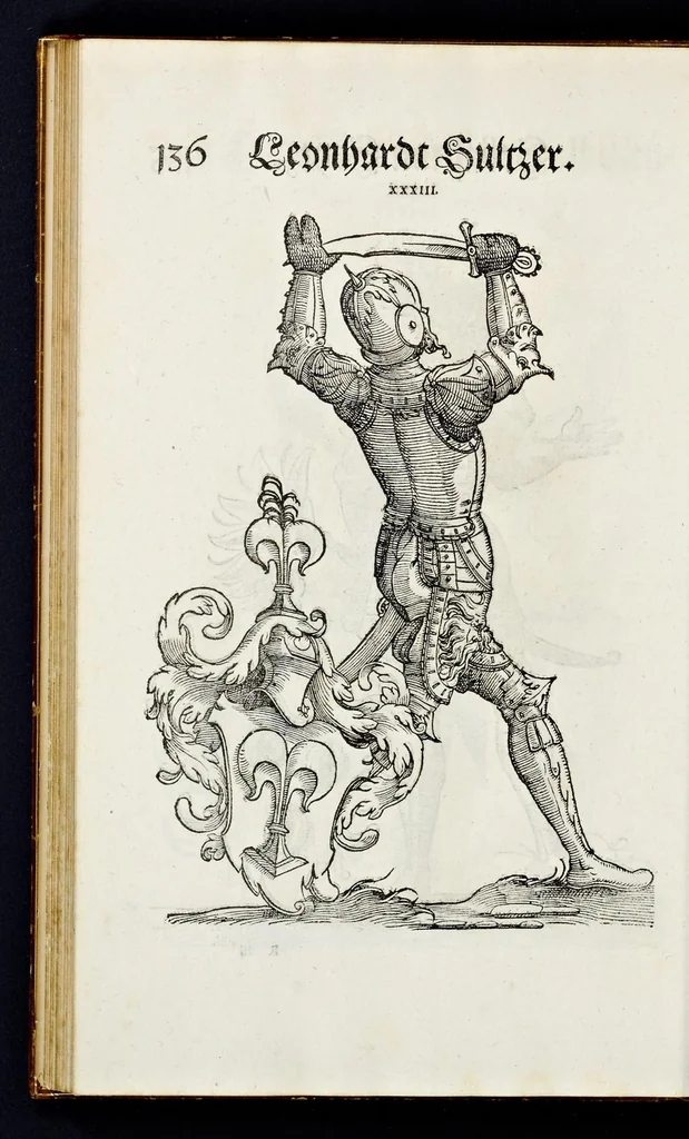 An illustration from Geschlechter Buch : darinn der loblichen kaiserlichẽ Reichs Statt Augspurg so vor fünffhundert vnd mehr Jaren hero, daselbst gewonet, vnd biss auff acht abgestorben auch deren so an der abgestorbnen stat eingenom̃en vnd erhöhet worden seyn : dessgleichen mit was Personen die Röm. Key. May. [et]c. am dritten Augusti im M.D.XLVIIII. Jare ain new Regiment von Raht vnd Gericht auch alle Empter besetzt hat : sampt aines jeden Geschlechts Wapen, Zeichen, Schilt vnd Helm, auch Ankunfft vnd Herkommen : alles mit künstlichen Figuren angezeigt, vnd allen Kunstliebhabern jetzt widerumb an Tag gegeben, 1580, leaf 141