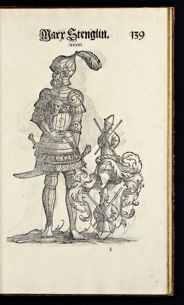 An illustration from Geschlechter Buch : darinn der loblichen kaiserlichẽ Reichs Statt Augspurg so vor fünffhundert vnd mehr Jaren hero, daselbst gewonet, vnd biss auff acht abgestorben auch deren so an der abgestorbnen stat eingenom̃en vnd erhöhet worden seyn : dessgleichen mit was Personen die Röm. Key. May. [et]c. am dritten Augusti im M.D.XLVIIII. Jare ain new Regiment von Raht vnd Gericht auch alle Empter besetzt hat : sampt aines jeden Geschlechts Wapen, Zeichen, Schilt vnd Helm, auch Ankunfft vnd Herkommen : alles mit künstlichen Figuren angezeigt, vnd allen Kunstliebhabern jetzt widerumb an Tag gegeben, 1580, leaf 144