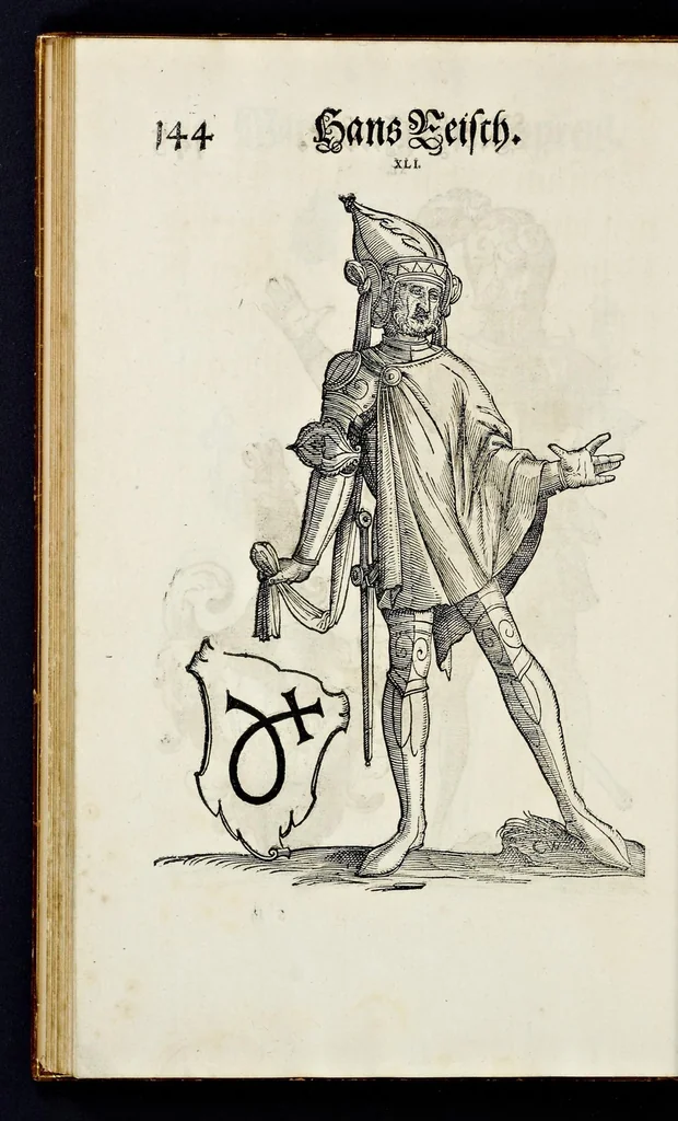 An illustration from Geschlechter Buch : darinn der loblichen kaiserlichẽ Reichs Statt Augspurg so vor fünffhundert vnd mehr Jaren hero, daselbst gewonet, vnd biss auff acht abgestorben auch deren so an der abgestorbnen stat eingenom̃en vnd erhöhet worden seyn : dessgleichen mit was Personen die Röm. Key. May. [et]c. am dritten Augusti im M.D.XLVIIII. Jare ain new Regiment von Raht vnd Gericht auch alle Empter besetzt hat : sampt aines jeden Geschlechts Wapen, Zeichen, Schilt vnd Helm, auch Ankunfft vnd Herkommen : alles mit künstlichen Figuren angezeigt, vnd allen Kunstliebhabern jetzt widerumb an Tag gegeben, 1580, leaf 149