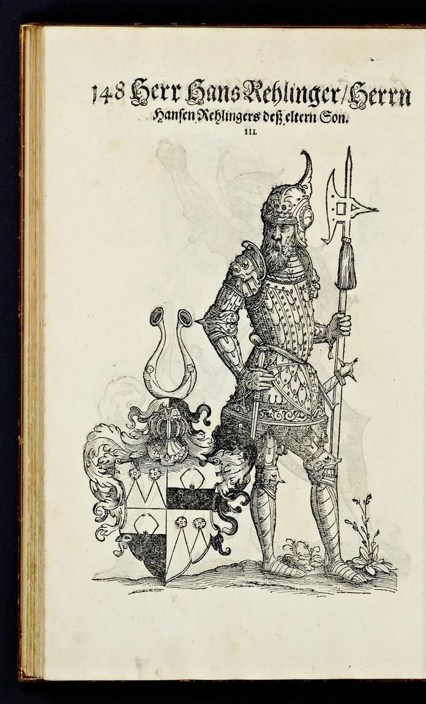 An illustration from Geschlechter Buch : darinn der loblichen kaiserlichẽ Reichs Statt Augspurg so vor fünffhundert vnd mehr Jaren hero, daselbst gewonet, vnd biss auff acht abgestorben auch deren so an der abgestorbnen stat eingenom̃en vnd erhöhet worden seyn : dessgleichen mit was Personen die Röm. Key. May. [et]c. am dritten Augusti im M.D.XLVIIII. Jare ain new Regiment von Raht vnd Gericht auch alle Empter besetzt hat : sampt aines jeden Geschlechts Wapen, Zeichen, Schilt vnd Helm, auch Ankunfft vnd Herkommen : alles mit künstlichen Figuren angezeigt, vnd allen Kunstliebhabern jetzt widerumb an Tag gegeben, 1580, leaf 153