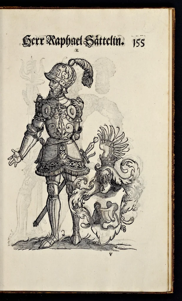 An illustration from Geschlechter Buch : darinn der loblichen kaiserlichẽ Reichs Statt Augspurg so vor fünffhundert vnd mehr Jaren hero, daselbst gewonet, vnd biss auff acht abgestorben auch deren so an der abgestorbnen stat eingenom̃en vnd erhöhet worden seyn : dessgleichen mit was Personen die Röm. Key. May. [et]c. am dritten Augusti im M.D.XLVIIII. Jare ain new Regiment von Raht vnd Gericht auch alle Empter besetzt hat : sampt aines jeden Geschlechts Wapen, Zeichen, Schilt vnd Helm, auch Ankunfft vnd Herkommen : alles mit künstlichen Figuren angezeigt, vnd allen Kunstliebhabern jetzt widerumb an Tag gegeben, 1580, leaf 160