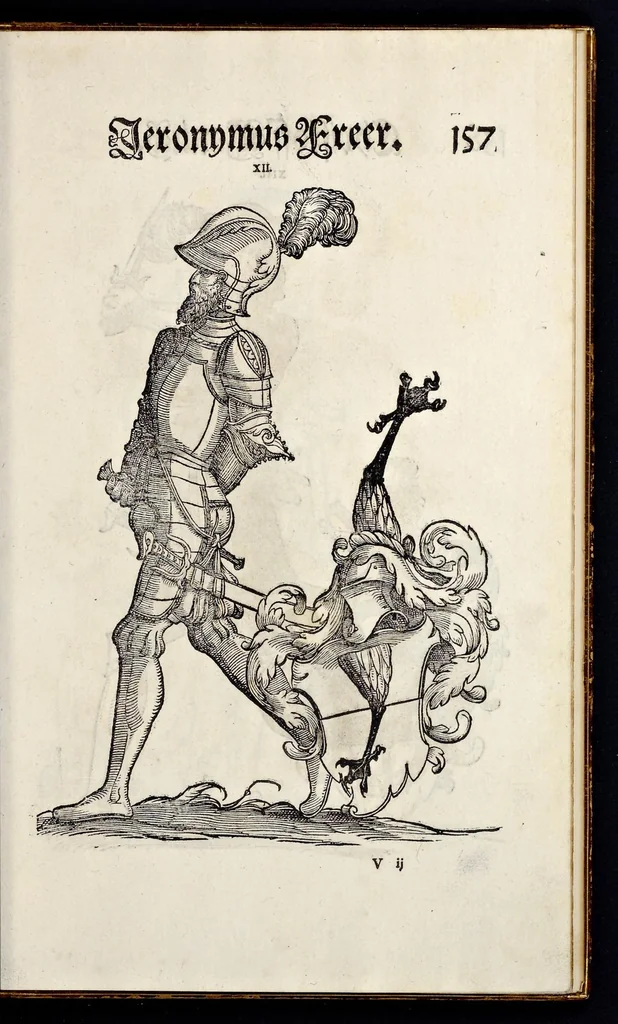 An illustration from Geschlechter Buch : darinn der loblichen kaiserlichẽ Reichs Statt Augspurg so vor fünffhundert vnd mehr Jaren hero, daselbst gewonet, vnd biss auff acht abgestorben auch deren so an der abgestorbnen stat eingenom̃en vnd erhöhet worden seyn : dessgleichen mit was Personen die Röm. Key. May. [et]c. am dritten Augusti im M.D.XLVIIII. Jare ain new Regiment von Raht vnd Gericht auch alle Empter besetzt hat : sampt aines jeden Geschlechts Wapen, Zeichen, Schilt vnd Helm, auch Ankunfft vnd Herkommen : alles mit künstlichen Figuren angezeigt, vnd allen Kunstliebhabern jetzt widerumb an Tag gegeben, 1580, leaf 162