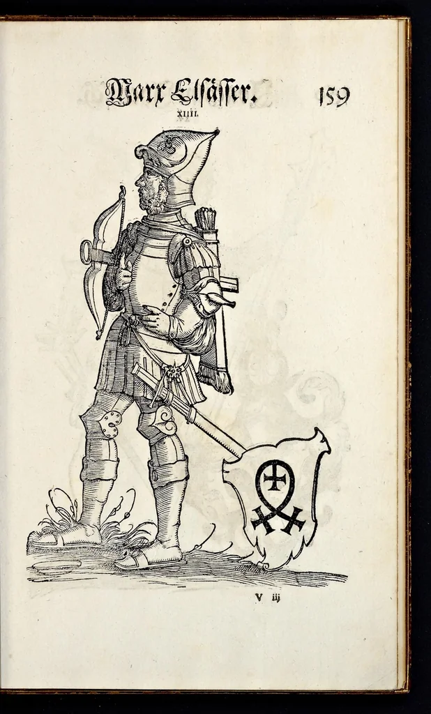 An illustration from Geschlechter Buch : darinn der loblichen kaiserlichẽ Reichs Statt Augspurg so vor fünffhundert vnd mehr Jaren hero, daselbst gewonet, vnd biss auff acht abgestorben auch deren so an der abgestorbnen stat eingenom̃en vnd erhöhet worden seyn : dessgleichen mit was Personen die Röm. Key. May. [et]c. am dritten Augusti im M.D.XLVIIII. Jare ain new Regiment von Raht vnd Gericht auch alle Empter besetzt hat : sampt aines jeden Geschlechts Wapen, Zeichen, Schilt vnd Helm, auch Ankunfft vnd Herkommen : alles mit künstlichen Figuren angezeigt, vnd allen Kunstliebhabern jetzt widerumb an Tag gegeben, 1580, leaf 164