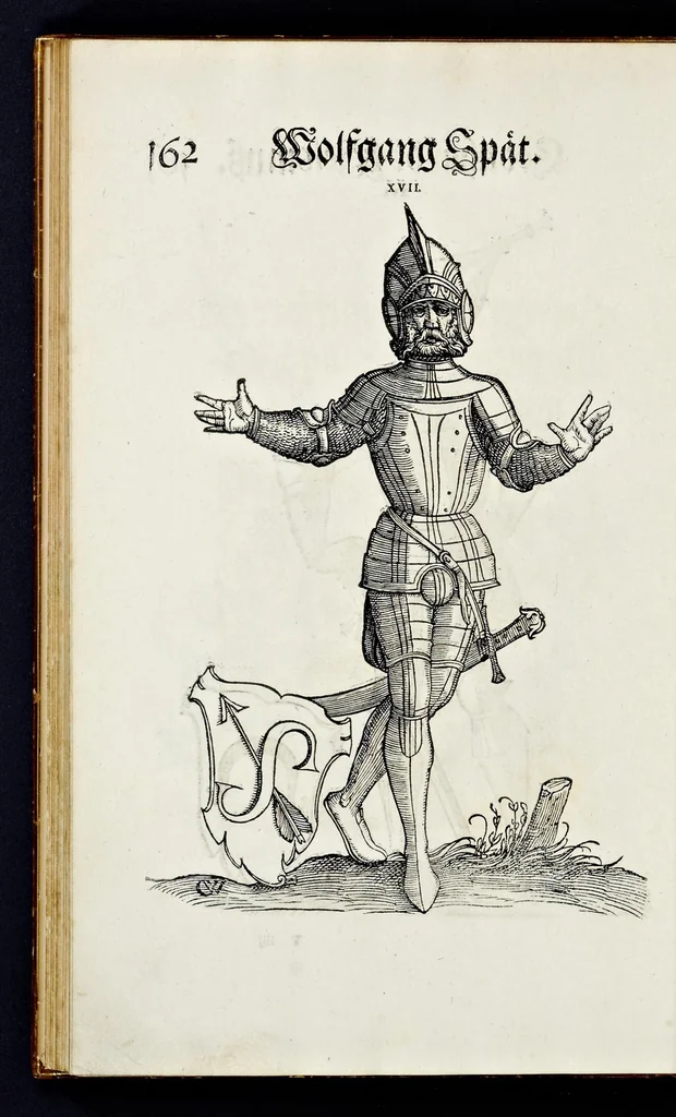 An illustration from Geschlechter Buch : darinn der loblichen kaiserlichẽ Reichs Statt Augspurg so vor fünffhundert vnd mehr Jaren hero, daselbst gewonet, vnd biss auff acht abgestorben auch deren so an der abgestorbnen stat eingenom̃en vnd erhöhet worden seyn : dessgleichen mit was Personen die Röm. Key. May. [et]c. am dritten Augusti im M.D.XLVIIII. Jare ain new Regiment von Raht vnd Gericht auch alle Empter besetzt hat : sampt aines jeden Geschlechts Wapen, Zeichen, Schilt vnd Helm, auch Ankunfft vnd Herkommen : alles mit künstlichen Figuren angezeigt, vnd allen Kunstliebhabern jetzt widerumb an Tag gegeben, 1580, leaf 167