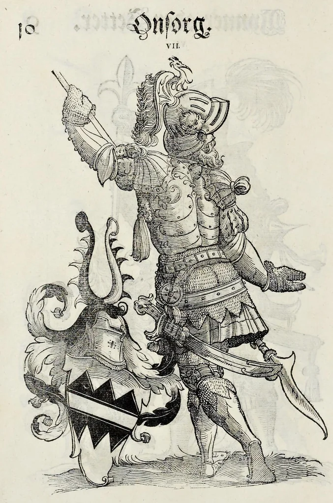 An illustration from Geschlechter Buch : darinn der loblichen kaiserlichẽ Reichs Statt Augspurg so vor fünffhundert vnd mehr Jaren hero, daselbst gewonet, vnd biss auff acht abgestorben auch deren so an der abgestorbnen stat eingenom̃en vnd erhöhet worden seyn : dessgleichen mit was Personen die Röm. Key. May. [et]c. am dritten Augusti im M.D.XLVIIII. Jare ain new Regiment von Raht vnd Gericht auch alle Empter besetzt hat : sampt aines jeden Geschlechts Wapen, Zeichen, Schilt vnd Helm, auch Ankunfft vnd Herkommen : alles mit künstlichen Figuren angezeigt, vnd allen Kunstliebhabern jetzt widerumb an Tag gegeben, 1580, leaf 17