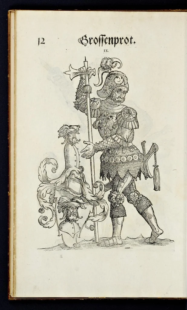 An illustration from Geschlechter Buch : darinn der loblichen kaiserlichẽ Reichs Statt Augspurg so vor fünffhundert vnd mehr Jaren hero, daselbst gewonet, vnd biss auff acht abgestorben auch deren so an der abgestorbnen stat eingenom̃en vnd erhöhet worden seyn : dessgleichen mit was Personen die Röm. Key. May. [et]c. am dritten Augusti im M.D.XLVIIII. Jare ain new Regiment von Raht vnd Gericht auch alle Empter besetzt hat : sampt aines jeden Geschlechts Wapen, Zeichen, Schilt vnd Helm, auch Ankunfft vnd Herkommen : alles mit künstlichen Figuren angezeigt, vnd allen Kunstliebhabern jetzt widerumb an Tag gegeben, 1580, leaf 19