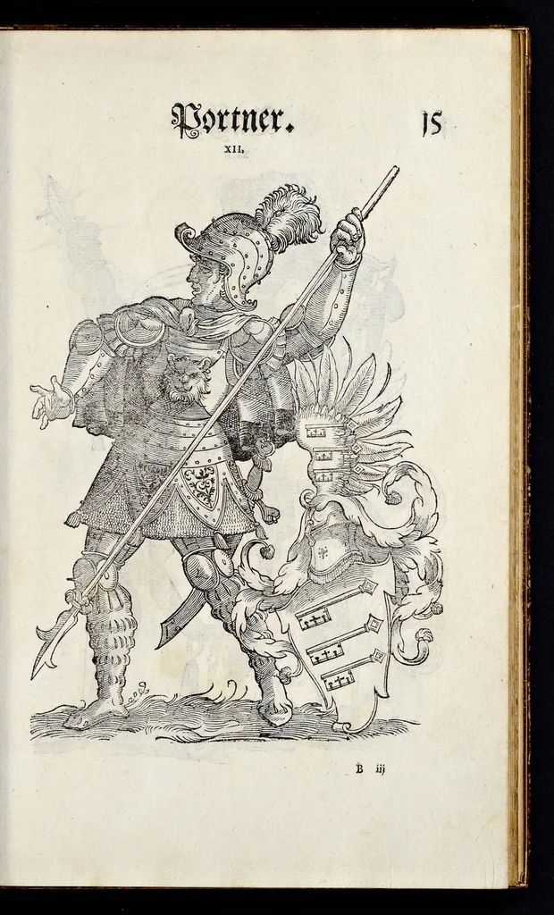 An illustration from Geschlechter Buch : darinn der loblichen kaiserlichẽ Reichs Statt Augspurg so vor fünffhundert vnd mehr Jaren hero, daselbst gewonet, vnd biss auff acht abgestorben auch deren so an der abgestorbnen stat eingenom̃en vnd erhöhet worden seyn : dessgleichen mit was Personen die Röm. Key. May. [et]c. am dritten Augusti im M.D.XLVIIII. Jare ain new Regiment von Raht vnd Gericht auch alle Empter besetzt hat : sampt aines jeden Geschlechts Wapen, Zeichen, Schilt vnd Helm, auch Ankunfft vnd Herkommen : alles mit künstlichen Figuren angezeigt, vnd allen Kunstliebhabern jetzt widerumb an Tag gegeben, 1580, leaf 22