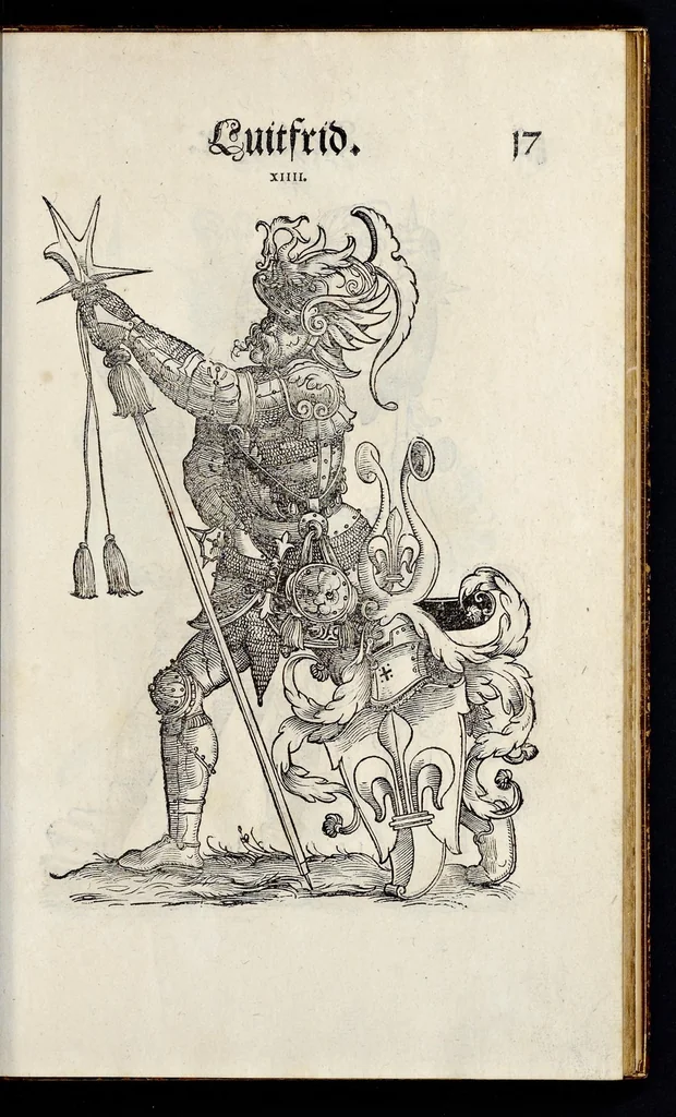An illustration from Geschlechter Buch : darinn der loblichen kaiserlichẽ Reichs Statt Augspurg so vor fünffhundert vnd mehr Jaren hero, daselbst gewonet, vnd biss auff acht abgestorben auch deren so an der abgestorbnen stat eingenom̃en vnd erhöhet worden seyn : dessgleichen mit was Personen die Röm. Key. May. [et]c. am dritten Augusti im M.D.XLVIIII. Jare ain new Regiment von Raht vnd Gericht auch alle Empter besetzt hat : sampt aines jeden Geschlechts Wapen, Zeichen, Schilt vnd Helm, auch Ankunfft vnd Herkommen : alles mit künstlichen Figuren angezeigt, vnd allen Kunstliebhabern jetzt widerumb an Tag gegeben, 1580, leaf 24