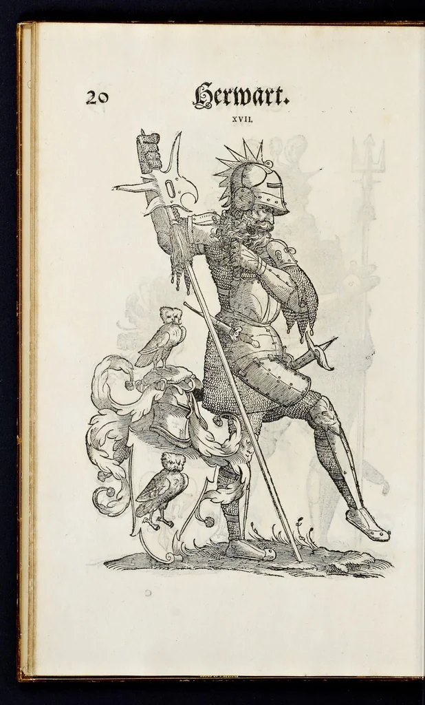 An illustration from Geschlechter Buch : darinn der loblichen kaiserlichẽ Reichs Statt Augspurg so vor fünffhundert vnd mehr Jaren hero, daselbst gewonet, vnd biss auff acht abgestorben auch deren so an der abgestorbnen stat eingenom̃en vnd erhöhet worden seyn : dessgleichen mit was Personen die Röm. Key. May. [et]c. am dritten Augusti im M.D.XLVIIII. Jare ain new Regiment von Raht vnd Gericht auch alle Empter besetzt hat : sampt aines jeden Geschlechts Wapen, Zeichen, Schilt vnd Helm, auch Ankunfft vnd Herkommen : alles mit künstlichen Figuren angezeigt, vnd allen Kunstliebhabern jetzt widerumb an Tag gegeben, 1580, leaf 27
