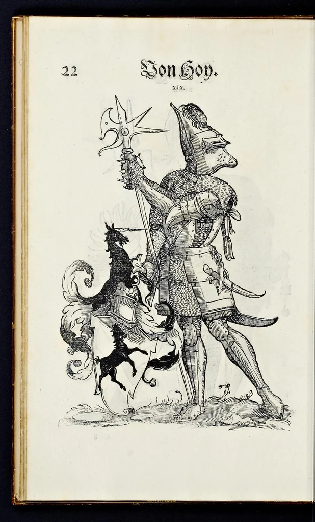 An illustration from Geschlechter Buch : darinn der loblichen kaiserlichẽ Reichs Statt Augspurg so vor fünffhundert vnd mehr Jaren hero, daselbst gewonet, vnd biss auff acht abgestorben auch deren so an der abgestorbnen stat eingenom̃en vnd erhöhet worden seyn : dessgleichen mit was Personen die Röm. Key. May. [et]c. am dritten Augusti im M.D.XLVIIII. Jare ain new Regiment von Raht vnd Gericht auch alle Empter besetzt hat : sampt aines jeden Geschlechts Wapen, Zeichen, Schilt vnd Helm, auch Ankunfft vnd Herkommen : alles mit künstlichen Figuren angezeigt, vnd allen Kunstliebhabern jetzt widerumb an Tag gegeben, 1580, leaf 29
