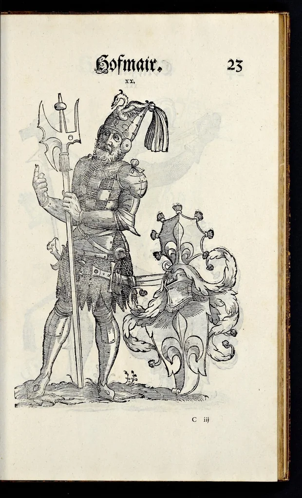 An illustration from Geschlechter Buch : darinn der loblichen kaiserlichẽ Reichs Statt Augspurg so vor fünffhundert vnd mehr Jaren hero, daselbst gewonet, vnd biss auff acht abgestorben auch deren so an der abgestorbnen stat eingenom̃en vnd erhöhet worden seyn : dessgleichen mit was Personen die Röm. Key. May. [et]c. am dritten Augusti im M.D.XLVIIII. Jare ain new Regiment von Raht vnd Gericht auch alle Empter besetzt hat : sampt aines jeden Geschlechts Wapen, Zeichen, Schilt vnd Helm, auch Ankunfft vnd Herkommen : alles mit künstlichen Figuren angezeigt, vnd allen Kunstliebhabern jetzt widerumb an Tag gegeben, 1580, leaf 30
