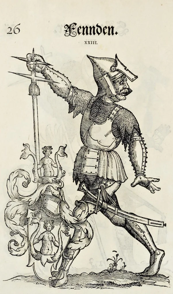 An illustration from Geschlechter Buch : darinn der loblichen kaiserlichẽ Reichs Statt Augspurg so vor fünffhundert vnd mehr Jaren hero, daselbst gewonet, vnd biss auff acht abgestorben auch deren so an der abgestorbnen stat eingenom̃en vnd erhöhet worden seyn : dessgleichen mit was Personen die Röm. Key. May. [et]c. am dritten Augusti im M.D.XLVIIII. Jare ain new Regiment von Raht vnd Gericht auch alle Empter besetzt hat : sampt aines jeden Geschlechts Wapen, Zeichen, Schilt vnd Helm, auch Ankunfft vnd Herkommen : alles mit künstlichen Figuren angezeigt, vnd allen Kunstliebhabern jetzt widerumb an Tag gegeben, 1580, leaf 33