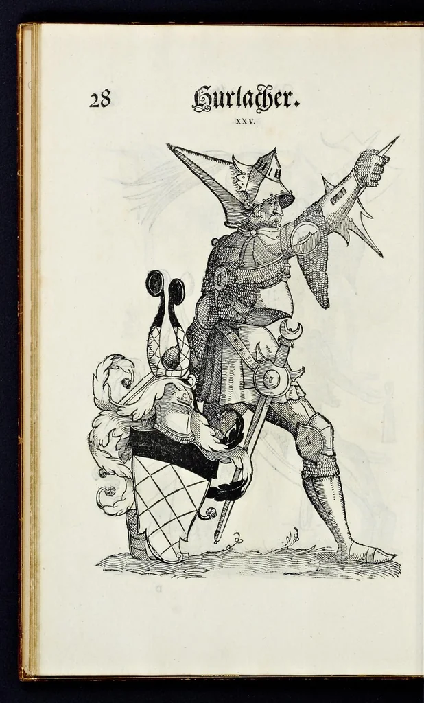 An illustration from Geschlechter Buch : darinn der loblichen kaiserlichẽ Reichs Statt Augspurg so vor fünffhundert vnd mehr Jaren hero, daselbst gewonet, vnd biss auff acht abgestorben auch deren so an der abgestorbnen stat eingenom̃en vnd erhöhet worden seyn : dessgleichen mit was Personen die Röm. Key. May. [et]c. am dritten Augusti im M.D.XLVIIII. Jare ain new Regiment von Raht vnd Gericht auch alle Empter besetzt hat : sampt aines jeden Geschlechts Wapen, Zeichen, Schilt vnd Helm, auch Ankunfft vnd Herkommen : alles mit künstlichen Figuren angezeigt, vnd allen Kunstliebhabern jetzt widerumb an Tag gegeben, 1580, leaf 35