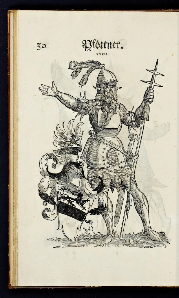 An illustration from Geschlechter Buch : darinn der loblichen kaiserlichẽ Reichs Statt Augspurg so vor fünffhundert vnd mehr Jaren hero, daselbst gewonet, vnd biss auff acht abgestorben auch deren so an der abgestorbnen stat eingenom̃en vnd erhöhet worden seyn : dessgleichen mit was Personen die Röm. Key. May. [et]c. am dritten Augusti im M.D.XLVIIII. Jare ain new Regiment von Raht vnd Gericht auch alle Empter besetzt hat : sampt aines jeden Geschlechts Wapen, Zeichen, Schilt vnd Helm, auch Ankunfft vnd Herkommen : alles mit künstlichen Figuren angezeigt, vnd allen Kunstliebhabern jetzt widerumb an Tag gegeben, 1580, leaf 37