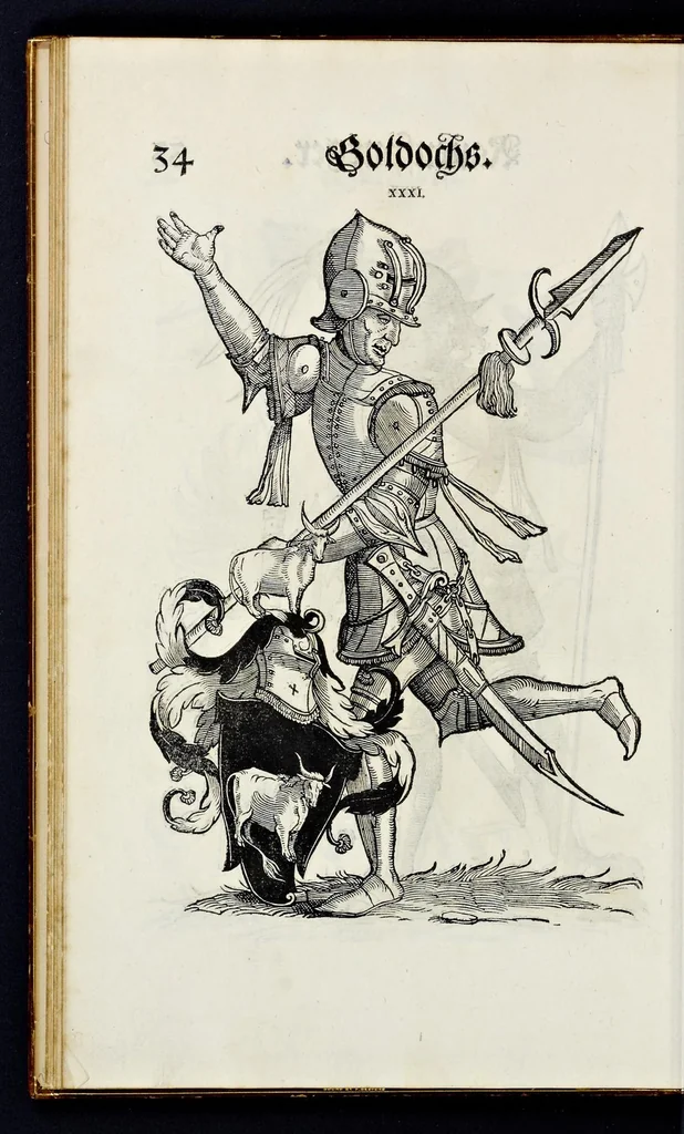 An illustration from Geschlechter Buch : darinn der loblichen kaiserlichẽ Reichs Statt Augspurg so vor fünffhundert vnd mehr Jaren hero, daselbst gewonet, vnd biss auff acht abgestorben auch deren so an der abgestorbnen stat eingenom̃en vnd erhöhet worden seyn : dessgleichen mit was Personen die Röm. Key. May. [et]c. am dritten Augusti im M.D.XLVIIII. Jare ain new Regiment von Raht vnd Gericht auch alle Empter besetzt hat : sampt aines jeden Geschlechts Wapen, Zeichen, Schilt vnd Helm, auch Ankunfft vnd Herkommen : alles mit künstlichen Figuren angezeigt, vnd allen Kunstliebhabern jetzt widerumb an Tag gegeben, 1580, leaf 41