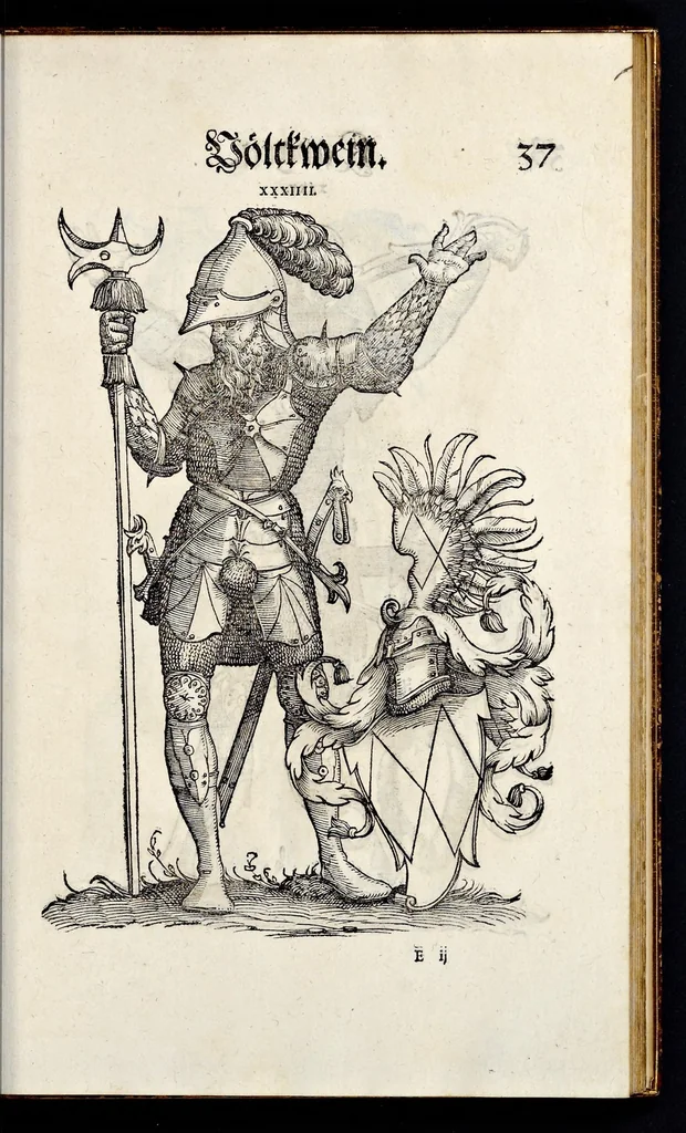 An illustration from Geschlechter Buch : darinn der loblichen kaiserlichẽ Reichs Statt Augspurg so vor fünffhundert vnd mehr Jaren hero, daselbst gewonet, vnd biss auff acht abgestorben auch deren so an der abgestorbnen stat eingenom̃en vnd erhöhet worden seyn : dessgleichen mit was Personen die Röm. Key. May. [et]c. am dritten Augusti im M.D.XLVIIII. Jare ain new Regiment von Raht vnd Gericht auch alle Empter besetzt hat : sampt aines jeden Geschlechts Wapen, Zeichen, Schilt vnd Helm, auch Ankunfft vnd Herkommen : alles mit künstlichen Figuren angezeigt, vnd allen Kunstliebhabern jetzt widerumb an Tag gegeben, 1580, leaf 44