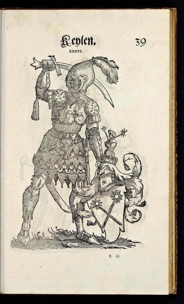 An illustration from Geschlechter Buch : darinn der loblichen kaiserlichẽ Reichs Statt Augspurg so vor fünffhundert vnd mehr Jaren hero, daselbst gewonet, vnd biss auff acht abgestorben auch deren so an der abgestorbnen stat eingenom̃en vnd erhöhet worden seyn : dessgleichen mit was Personen die Röm. Key. May. [et]c. am dritten Augusti im M.D.XLVIIII. Jare ain new Regiment von Raht vnd Gericht auch alle Empter besetzt hat : sampt aines jeden Geschlechts Wapen, Zeichen, Schilt vnd Helm, auch Ankunfft vnd Herkommen : alles mit künstlichen Figuren angezeigt, vnd allen Kunstliebhabern jetzt widerumb an Tag gegeben, 1580, leaf 46