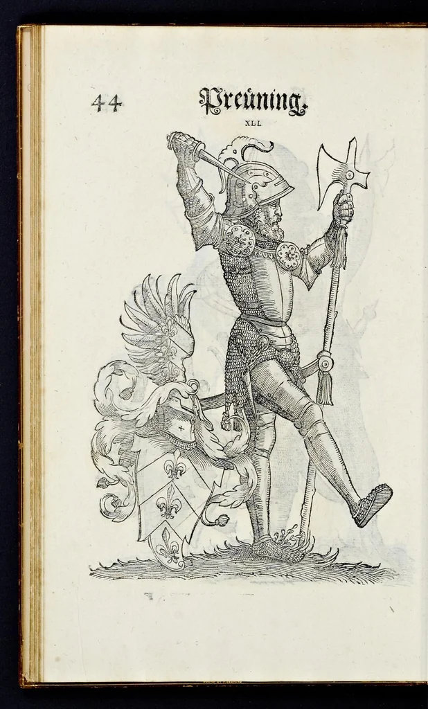 An illustration from Geschlechter Buch : darinn der loblichen kaiserlichẽ Reichs Statt Augspurg so vor fünffhundert vnd mehr Jaren hero, daselbst gewonet, vnd biss auff acht abgestorben auch deren so an der abgestorbnen stat eingenom̃en vnd erhöhet worden seyn : dessgleichen mit was Personen die Röm. Key. May. [et]c. am dritten Augusti im M.D.XLVIIII. Jare ain new Regiment von Raht vnd Gericht auch alle Empter besetzt hat : sampt aines jeden Geschlechts Wapen, Zeichen, Schilt vnd Helm, auch Ankunfft vnd Herkommen : alles mit künstlichen Figuren angezeigt, vnd allen Kunstliebhabern jetzt widerumb an Tag gegeben, 1580, leaf 49