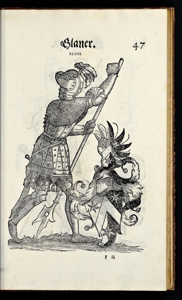 An illustration from Geschlechter Buch : darinn der loblichen kaiserlichẽ Reichs Statt Augspurg so vor fünffhundert vnd mehr Jaren hero, daselbst gewonet, vnd biss auff acht abgestorben auch deren so an der abgestorbnen stat eingenom̃en vnd erhöhet worden seyn : dessgleichen mit was Personen die Röm. Key. May. [et]c. am dritten Augusti im M.D.XLVIIII. Jare ain new Regiment von Raht vnd Gericht auch alle Empter besetzt hat : sampt aines jeden Geschlechts Wapen, Zeichen, Schilt vnd Helm, auch Ankunfft vnd Herkommen : alles mit künstlichen Figuren angezeigt, vnd allen Kunstliebhabern jetzt widerumb an Tag gegeben, 1580, leaf 52